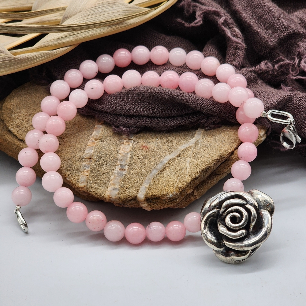 Roses Quartz Genuine Necklace 925 Sterling Silver Rose Pendant Unique Design